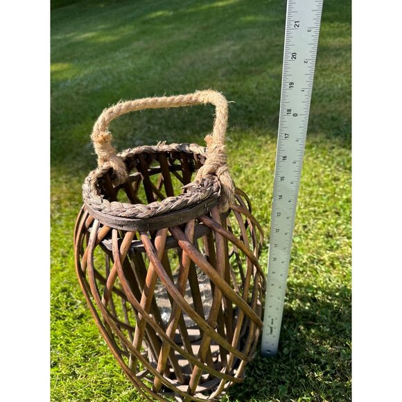 Rustic Boho MCM Bamboo Rattan Whicker & Glass Lantern With Rope Handle 16" Tall - Picture 10 of 15